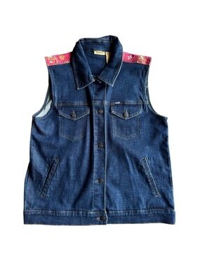 Wrangler Vintage Y2K Denim Vest Red Floral Shoulder Cotton Button Front Western